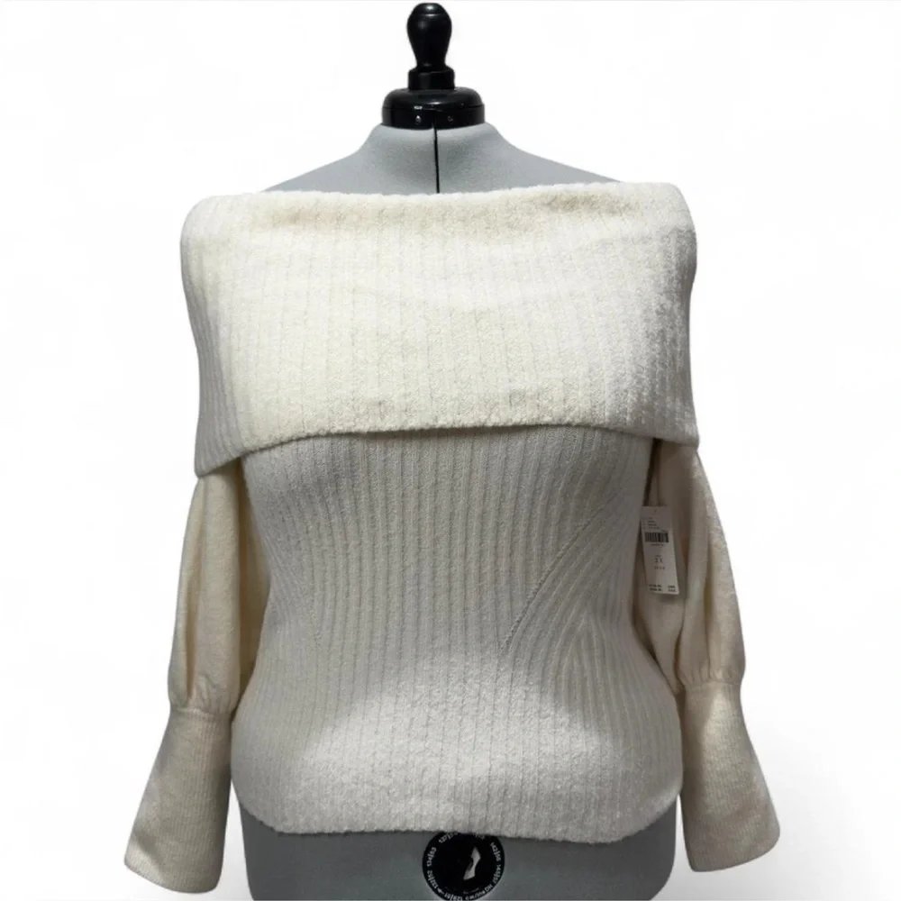 Anthropologie Tessa Off-The-Shoulder Puff-Sleeve Sweater Ivory Knit Plus Size - Picture 2 of 11